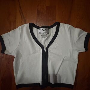 Women's White and Black Zip-Up Blouse